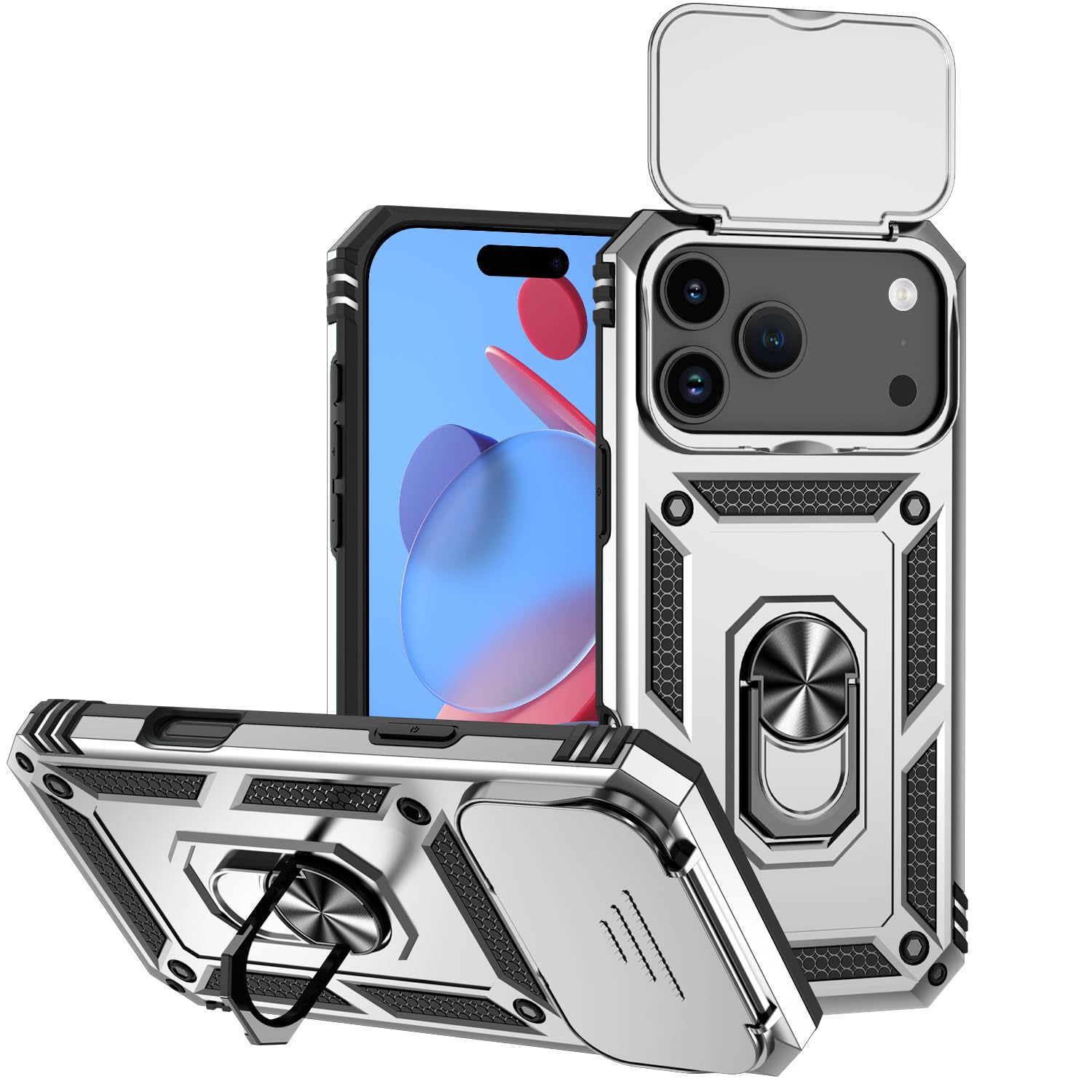 Hitaoyou Compatible with iPhone 17 Pro Case 6.3", iPhone 17 Pro Magnetic Case with Camera Cover & Kickstand Military Grade Shockproof Cover Silver