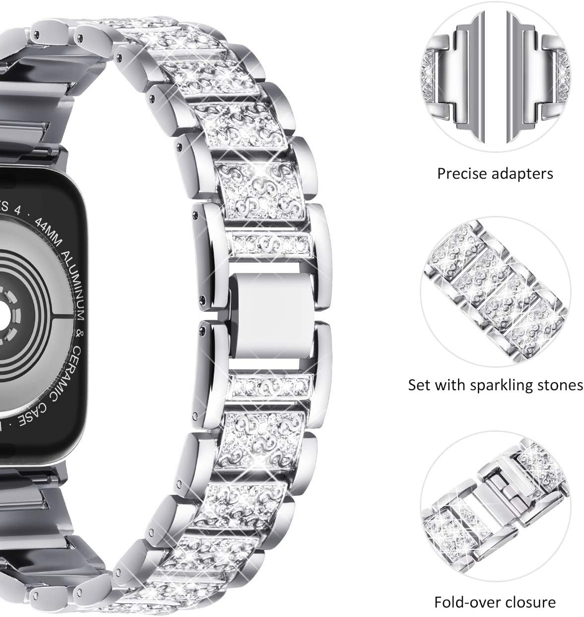 NewWays Compatible with Apple Watch Strap 38mm 40mm 41mm 42mm(Series 11/10),Women Sparkling Bling Stainless Steel Link Bracelet Replacement Band for iwatch Series 11/10/9/8/7/6/5/4/3/2/1/SE,Silver - Image 3