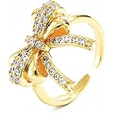 18K Gold Plated Stackable Bow Rings for Women Dainty Adjustable Open Cubic Zirconia Friendship Bow Knot Rings