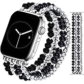 JR.DM Beaded Bracelet Bands Women Compatible with Apple Watch 38mm 40mm 41mm 42mm(S10/11) Stretch Handmade Dressy Crystal Strap Replacement for iWatch Series 11/10/9/8/7/6/5/4/3/2/1/SE, Black Silver