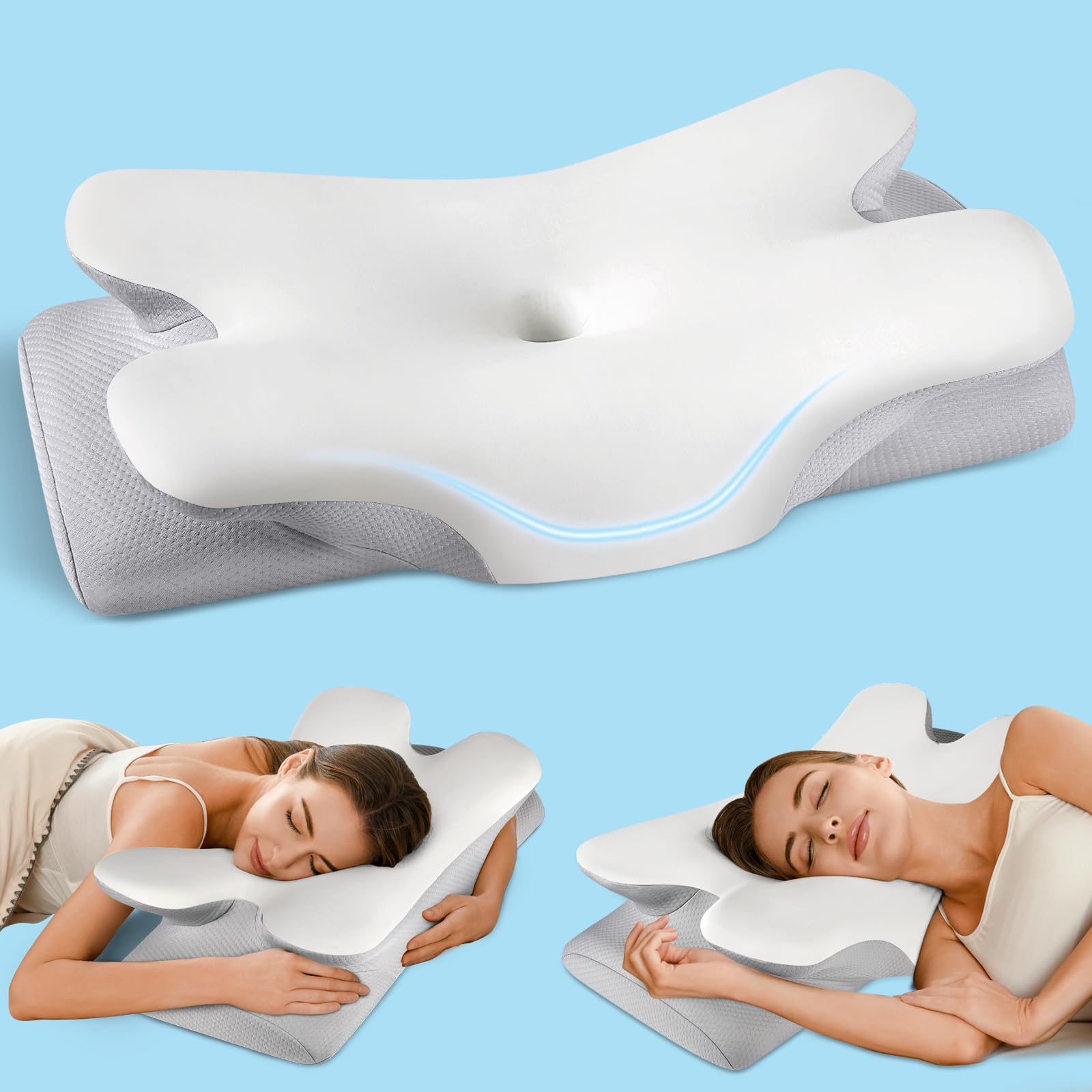 Photo 1 of Cervical Neck Pillow for Pain Relief Sleeping, Cooling Ergonomic Contour Side Sleeper Pillow for Neck Support, Odorless Soft Memory Foam Orthopedic Bed Rest Pillow for Back Stomach Sleeper, Grey
