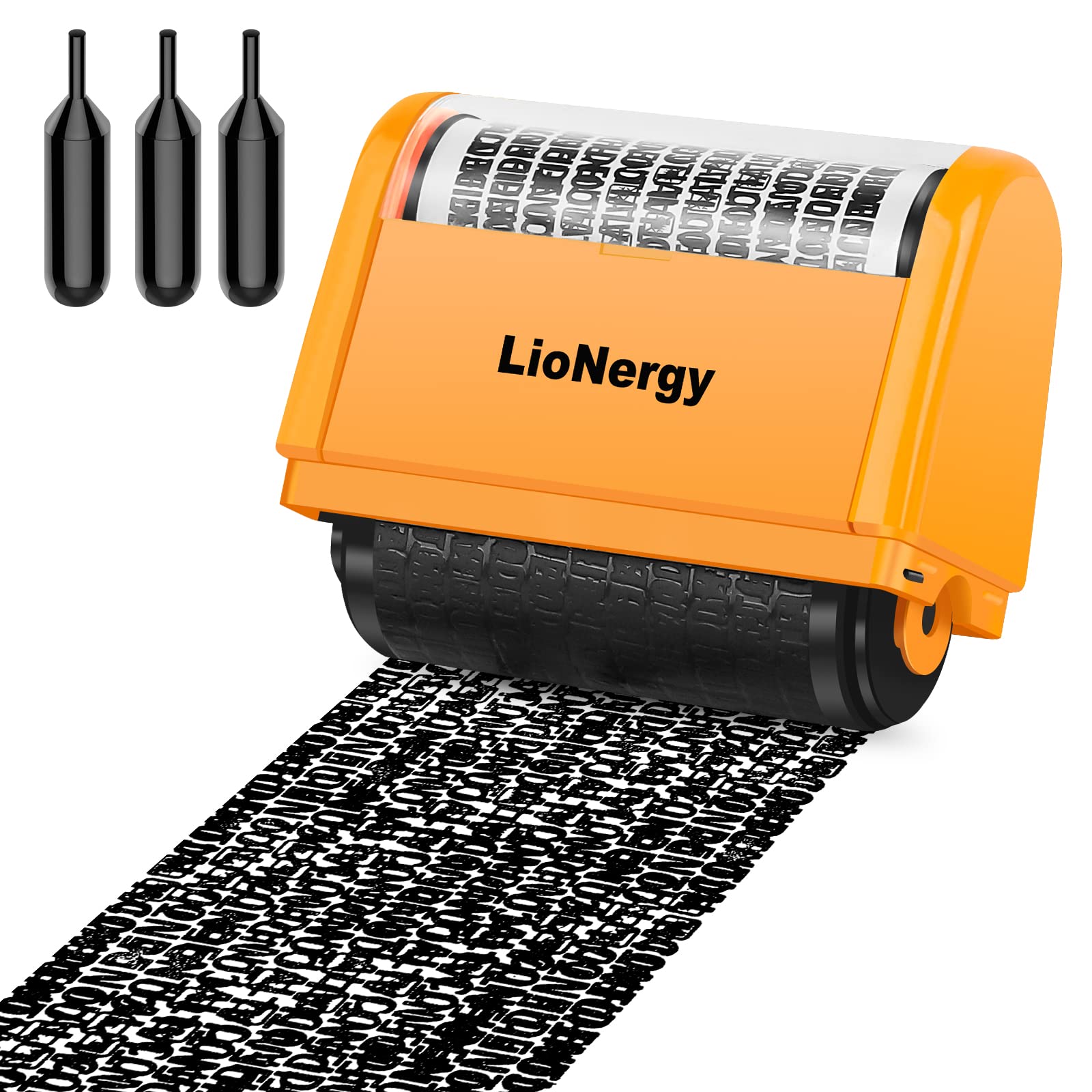 Identity Protection Roller Stamp LioNergy Extra Large 2.0 Inch Roller Identity Theft Prevention Security Stamp with 3 Refills, 10PCS Personalise Vinyl Waterproof Stickers –Orange Yellow