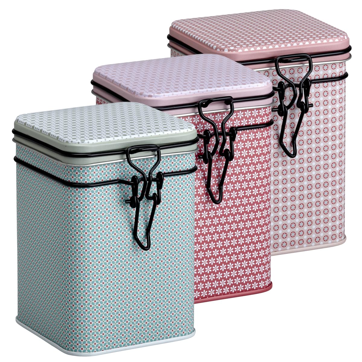 Set of 3 tea caddies, Bella storage cans, pink, blue, red, each 150 g, unique