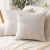 ZSkogur Decorative Throw Pillow Covers 18x18 Inch Set of 2 for Boho Living Room Farmhouse Home Decor, Spring Pillow Covers for Couch Bed, Soft Corduroy Striped Patchwork Cushion Cases, Cream White
