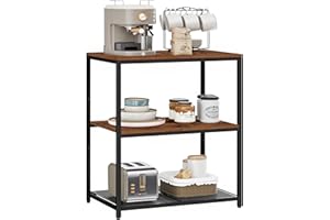 Homleke Kitchen Island with 3 Shelves, Kitchen Shelf with Large Workstation, Bakers Rack, Workbench, Metal Frame, Rustic Brown and Black
