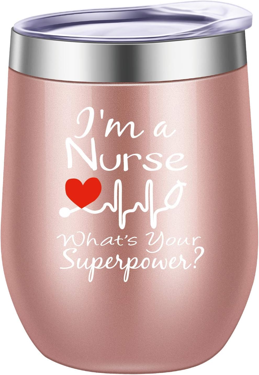 Pufuny I'm a Nurse What's Your Superpower Wine Tumbler,Funny Nurse Gifts,Nurses Week,Graduation,Birthday Gift for RN,ER Nurse,New Nurse Christmas Gifts 12 oz Rose Gold