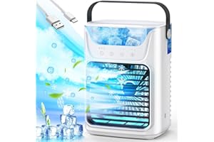 ASINGLEER Portable Air Conditioner, 4 in 1 Mini Air Conditioner with 650ml Water Tank, Portable Air Cooler with 3 Speeds & 7 LED Lights, Personal Desktop Cooling Fan for Car Home Camping Room