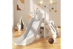 YUFU 6 in 1 Toddler Slide, Kids Climber Slide with Basketball Hoop and Ball, Indoor Outdoor Playset for Toddlers Age 1-3 (White Gray)