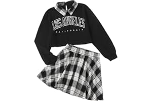 SOLY HUX Girl's Letter Print Sweatshirt Top and Plaid Skirt Set 2 Piece Outfits