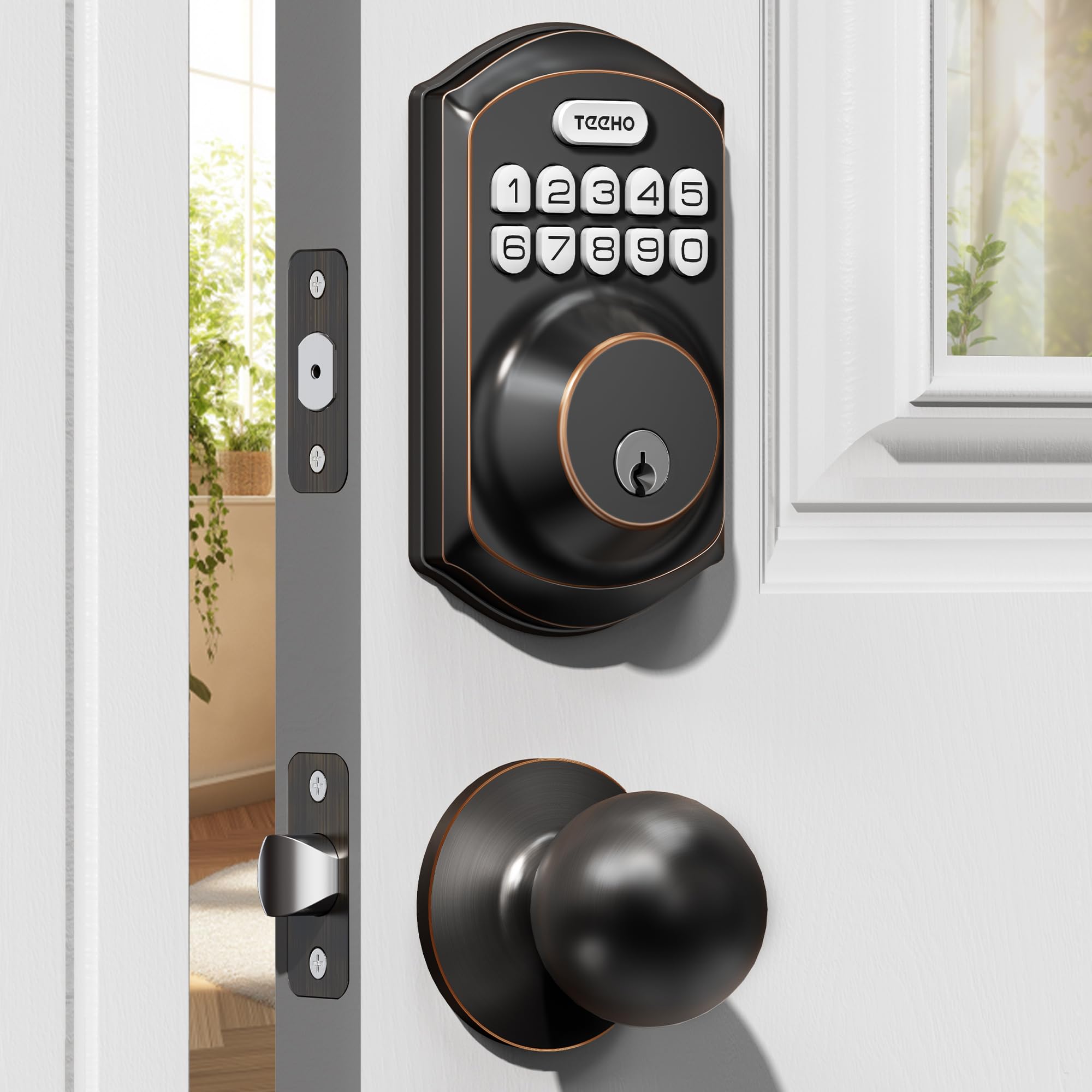 Photo 1 of ** MISSING HARDWARE**
TEEHO TE001K Keyless Entry Door Lock with Handle, Electronic Keypad Deadbolt with 2 Knobs, High-Security Front Door Handle Set for Home & Rental, Smart Auto-Locking, Easy Install, Oil-Rubbed Bronze