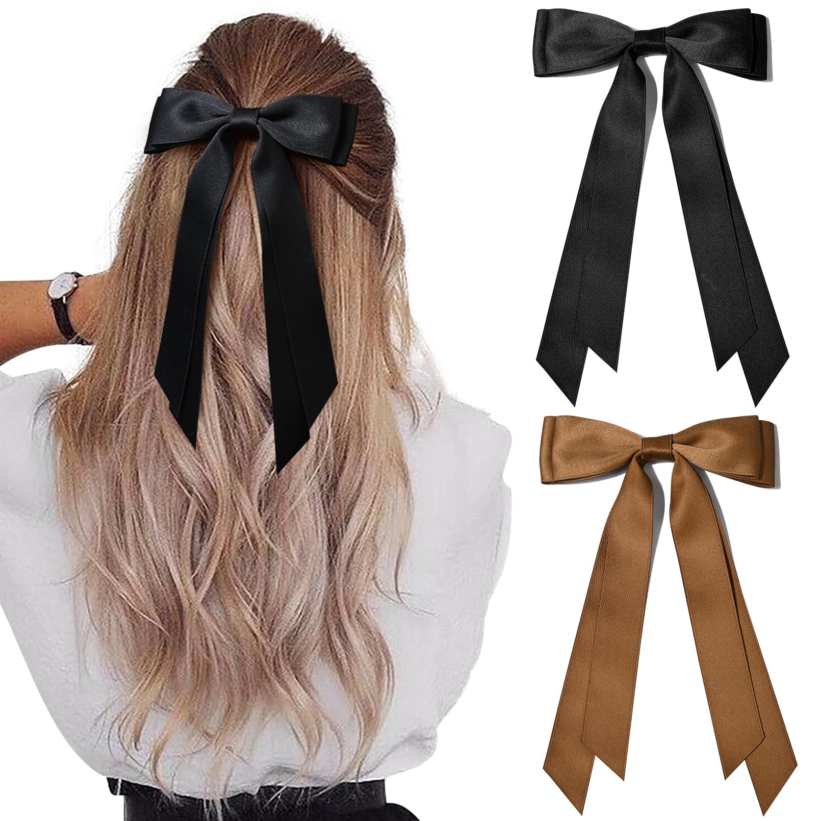 Photo 1 of 2PCS Silky Satin Hair Bows Hair Clip Black Brown Hair Ribbon Ponytail Holder Accessories Slides Metal Clips Hair Bow for Women Girls Toddlers Teens Kids