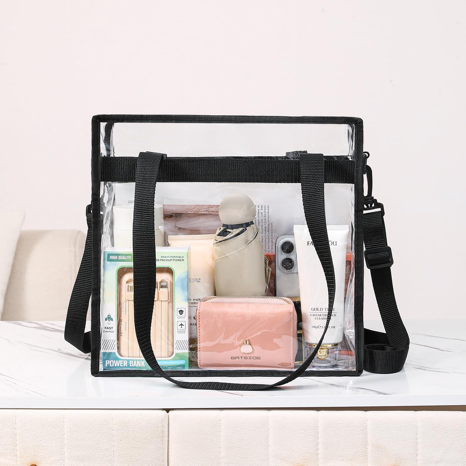 BAGAIL Clear Bags 12x6x12 Stadium Approved Clear Tote Bag with Zipper Closure Crossbody Shoulder Bag with Adjustable Strap