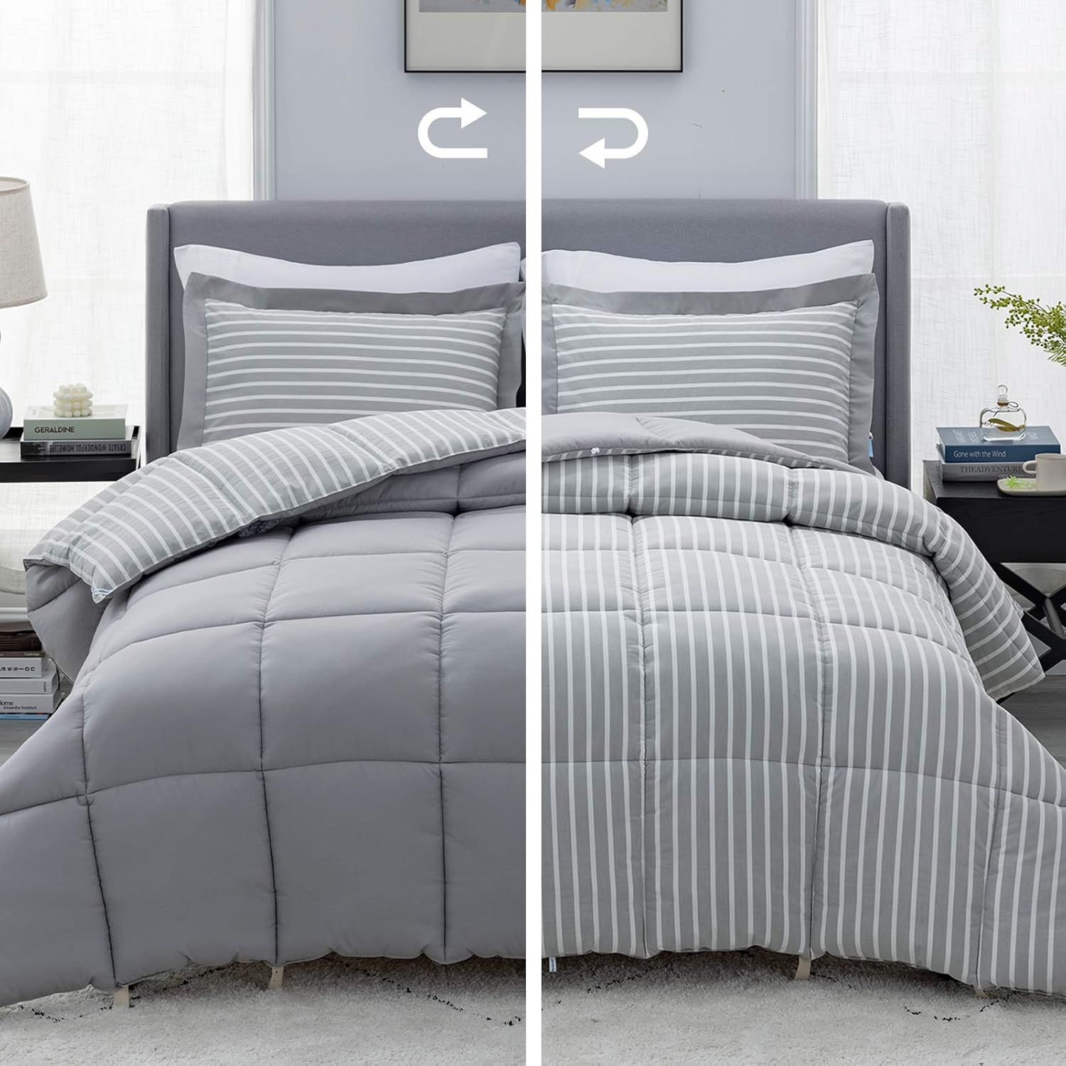 Bedsure Grey King Comforter Set 3 Piece Reversible Percale Stripes Hypoallergenic
