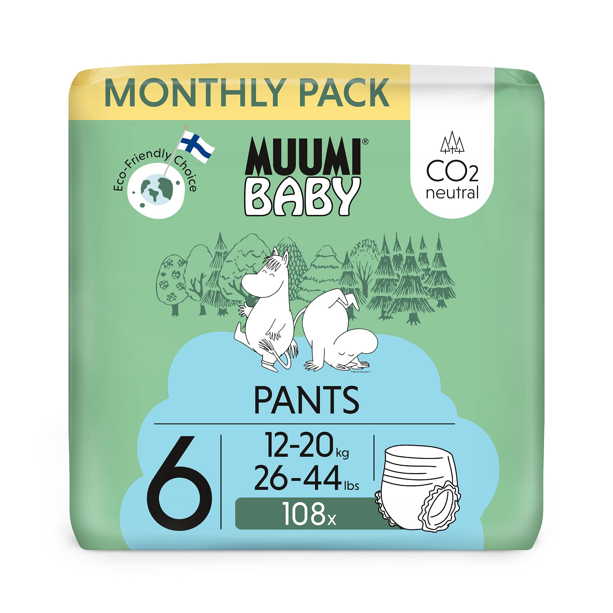 Muumi Baby Eco Pull Ups Size 6 Monthly Pack, 12-20 kg, 108 Sensitive Premium Nappy Pants with Leakage Barrier | Soft and Skin Friendly, No Unnecessary Chemicals |