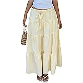 MakeMeChic Women's Striped Long Skirt Tiered Ruffle Flowy Summer Skirts