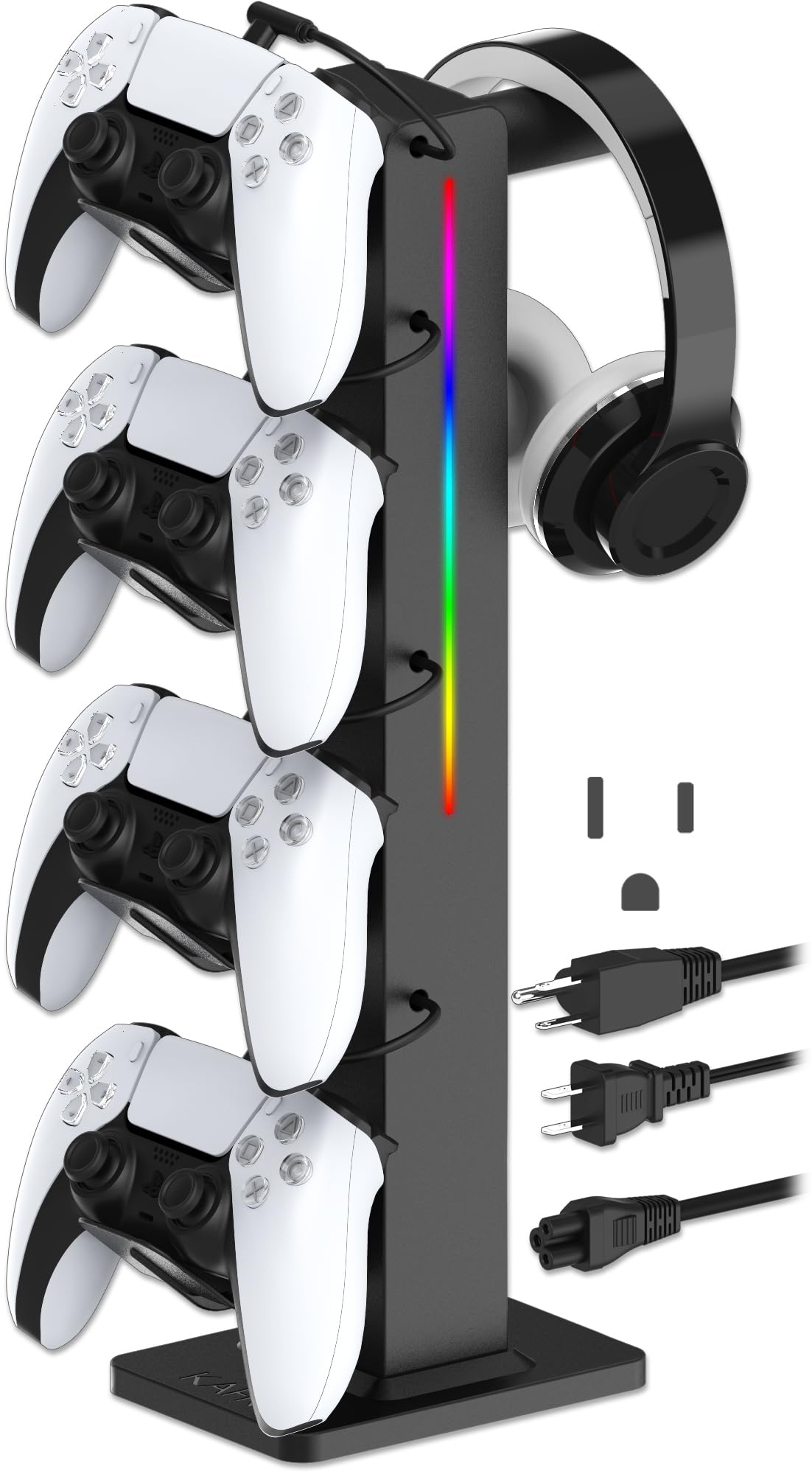 KAFRI RGB Gaming Headphone Stand with Controller Holder, Desk Organizer with Retractable Charger Cable, 2 AC Outlets & 4 Type-C Charging Ports, PC Gaming Accessories for Headset & Controller (Black)