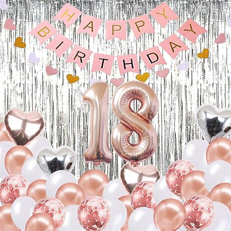 Izoel 18 Ans Deco Anniversaire Or Rose Ballon Helium Chiffres 18 Xxl Banniere Joyeux Anniversaire Rideau A Franges Or Rose Confettis Latex Numero Tableau Deco Confettis Fille Femmes Cuisine Maison Ballons