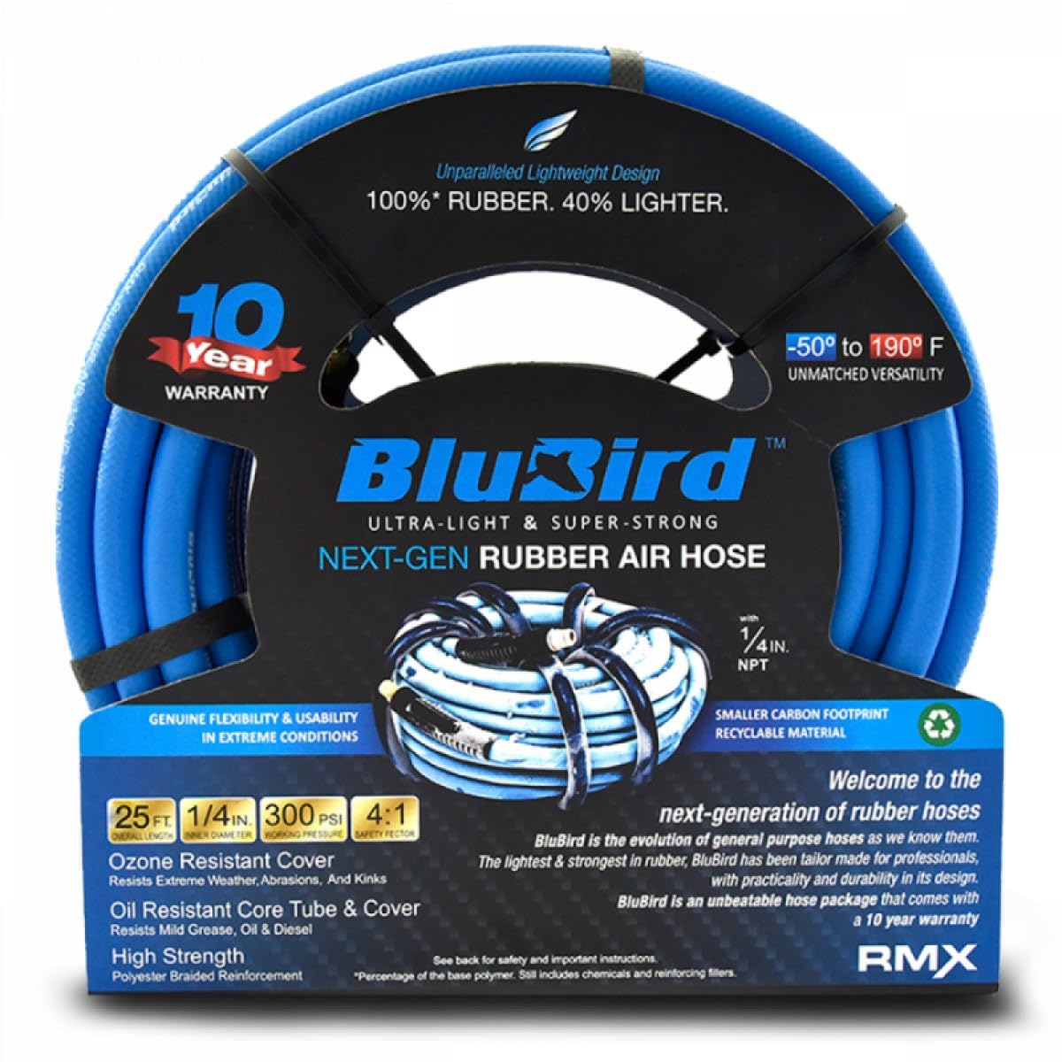 BLUBIRD: The Lightest and Strongest Rubber Air Hose 1/4" x 25' 300PSI w/ 10 Year Warranty — image 1