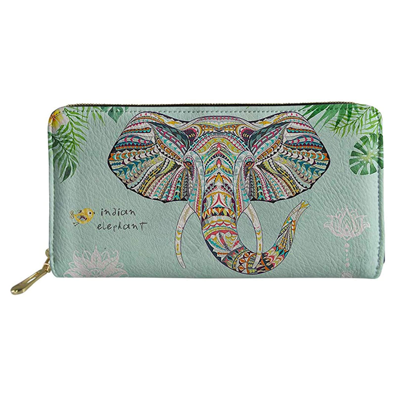 Pizding Leather Wallets Animals Elephant Design Shopping Business Purse with Coin Pocket Zip Around Large Capacity Durable Handbag Banquest Party Clutch Bag Phone Holder Wallet for Girls
