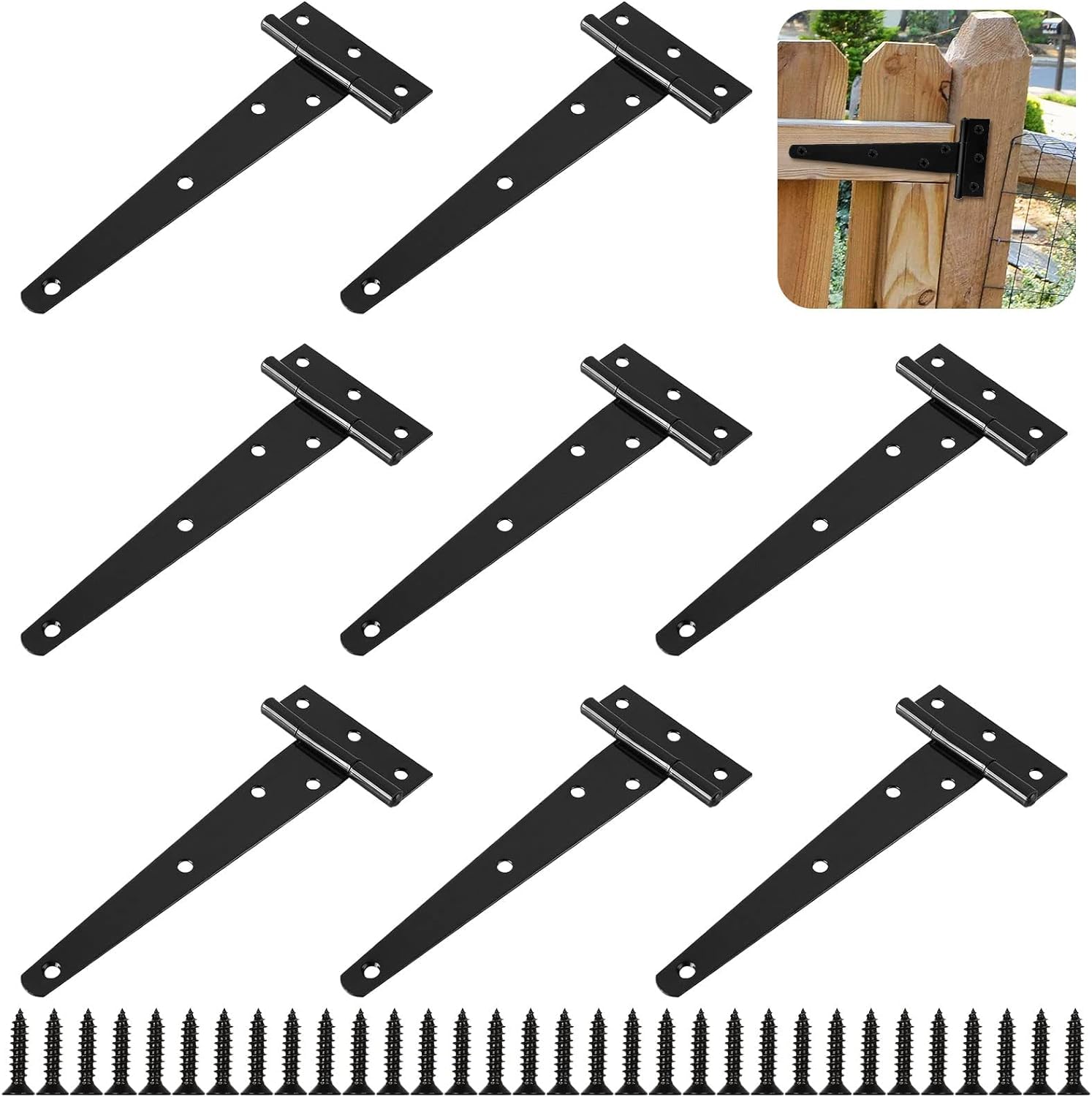Abaigeal 10 PCS Heavy Duty T Hinges with Mounting Screw, 6 Inch (150mm) T Strap Black Door Hinges Rustproof Garden Gate Hinges Fitting for Gate Hardware, Shed Doors, Barn Doors