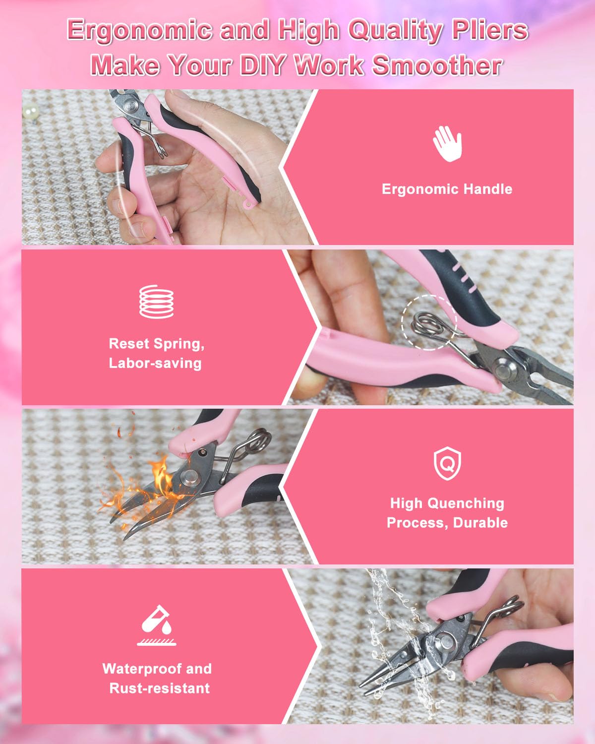 Toolour Jewelry Pliers Set Jeweler Making Tools with 6 Rolls Beading Wire Kit for Jewelry Supplies DIY Hobby Repair Crimping Wrapping,Pink Professional Craft Pliers for Adults Beginner