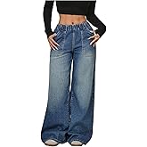 OYOANGLE Women's Elastic Waist Jeans Casual Loose Fit Wide Leg Low-Rise Denim Baggy Jeans with Pocket