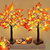 Fall Decor -2 Pack 24 Inch Prelit Fall Lighted Maple Tree 48 LED Timer Table Lights, Acorn Pumpkin Lights Battery Operated for Wedding Party Autumn Fall Decorations for Home Harvest Indoor Outdoor