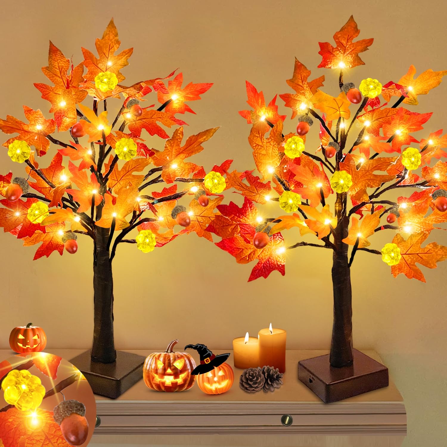 Photo 1 of 2 Pack 24 Inch Prelit Fall Lighted Maple Tree 48 LED Timer Thanksgiving Decorations Table Lights, Acorn Pumpkin Lights Battery Operated for Wedding Party Gifts Autumn Harvest Home Decor Indoor Outdoor