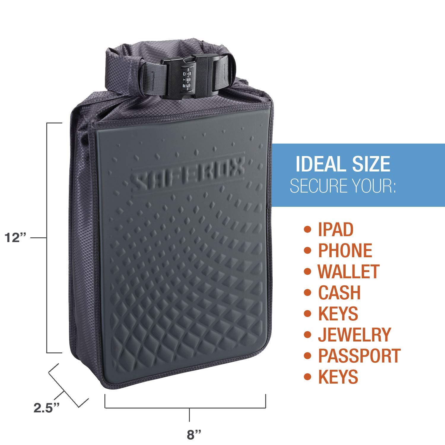 Safebox Portable Safe with Anti Theft Combination Lock and Slash Resistant Material to Protect Wallet, iPhone and Valuables at the Beach, Pool, Camping + Hotel, Large