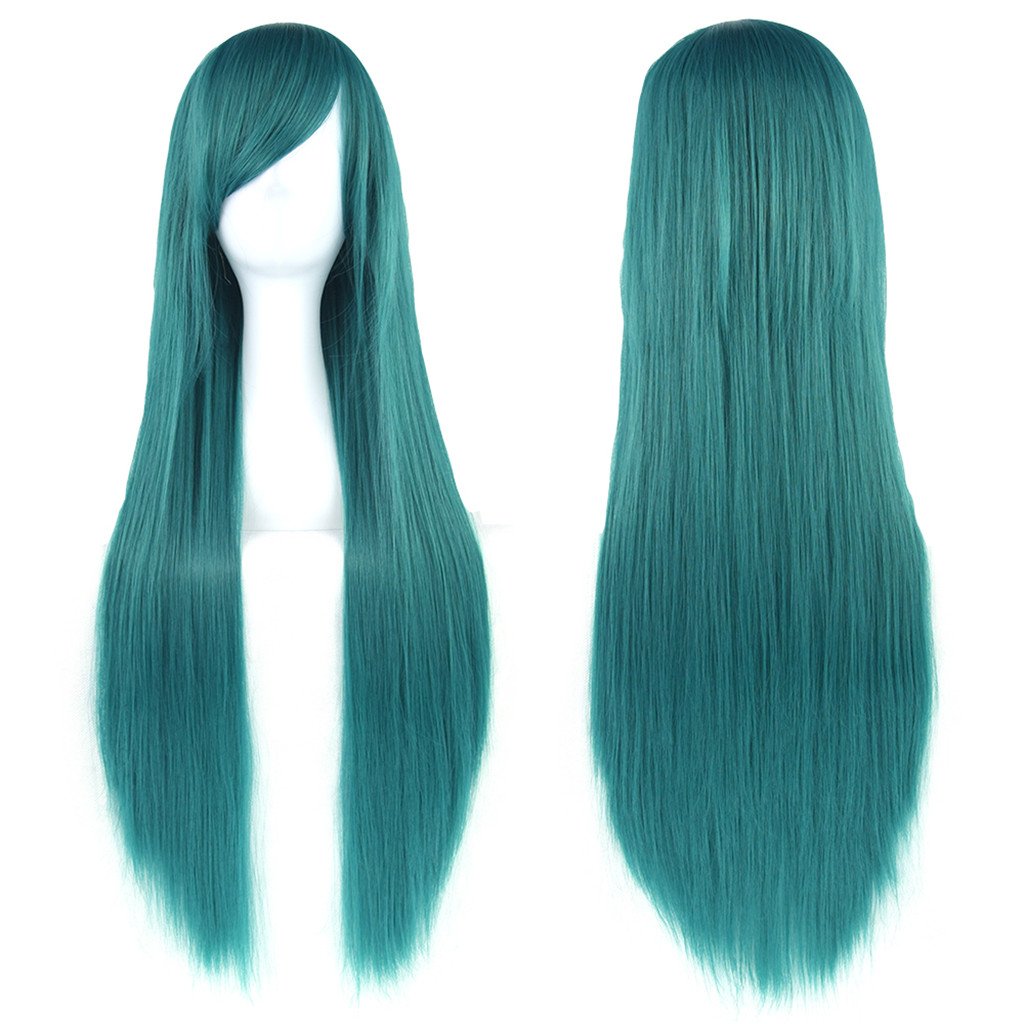 Fouriding 32" Green Women's Long Straight Full Wigs Costume Synthetic Hair Hairpieces with Oblique Bangs for Halloween Anime Cosplay Party Girl Women +Wig Cap