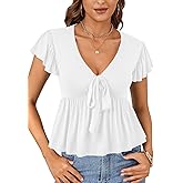 OPOIPIN Women's Deep V Neck Tie Knot Front Ruffle Hem Short Sleeve Blouse Peplum Top