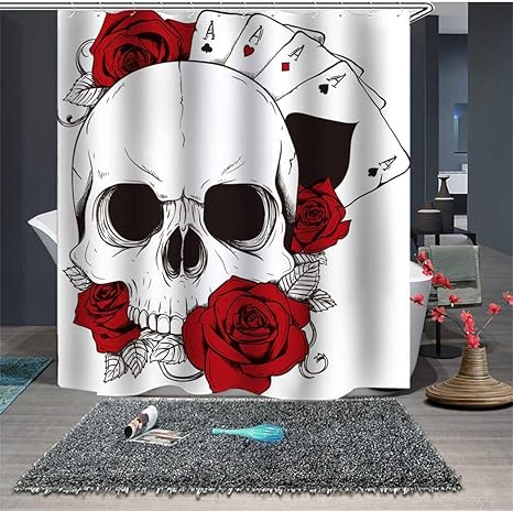 Amazon フック付きシャワーカーテンセット耐石鹸メキシカンスカル赤いバラポーカー4浴室の装飾機洗えるポリエステル生地バスカーテン71 X 78インチ 0x180 Cm シャワーカーテン ホーム キッチン オンライン通販