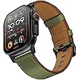 UUPWPOKT Compatible with Apple Watch Ultra 2/1 Band 49mm 46mm 45mm 44mm 42mm Men, Genuine Leather Band Strap for iWatch Ultra Series 10 9 8 7 6 5 4 3 2 1 SE, Army Green/Black