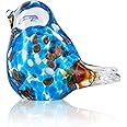 Hand Blown Glass Blue Bird Handmade Crystal Bird Figurine Glass Blue Bird with Brown Tail Statue Glass Birds Sculpture Decorative Ornaments for Home Decor,Birthday Present,Women Gift of Happiness