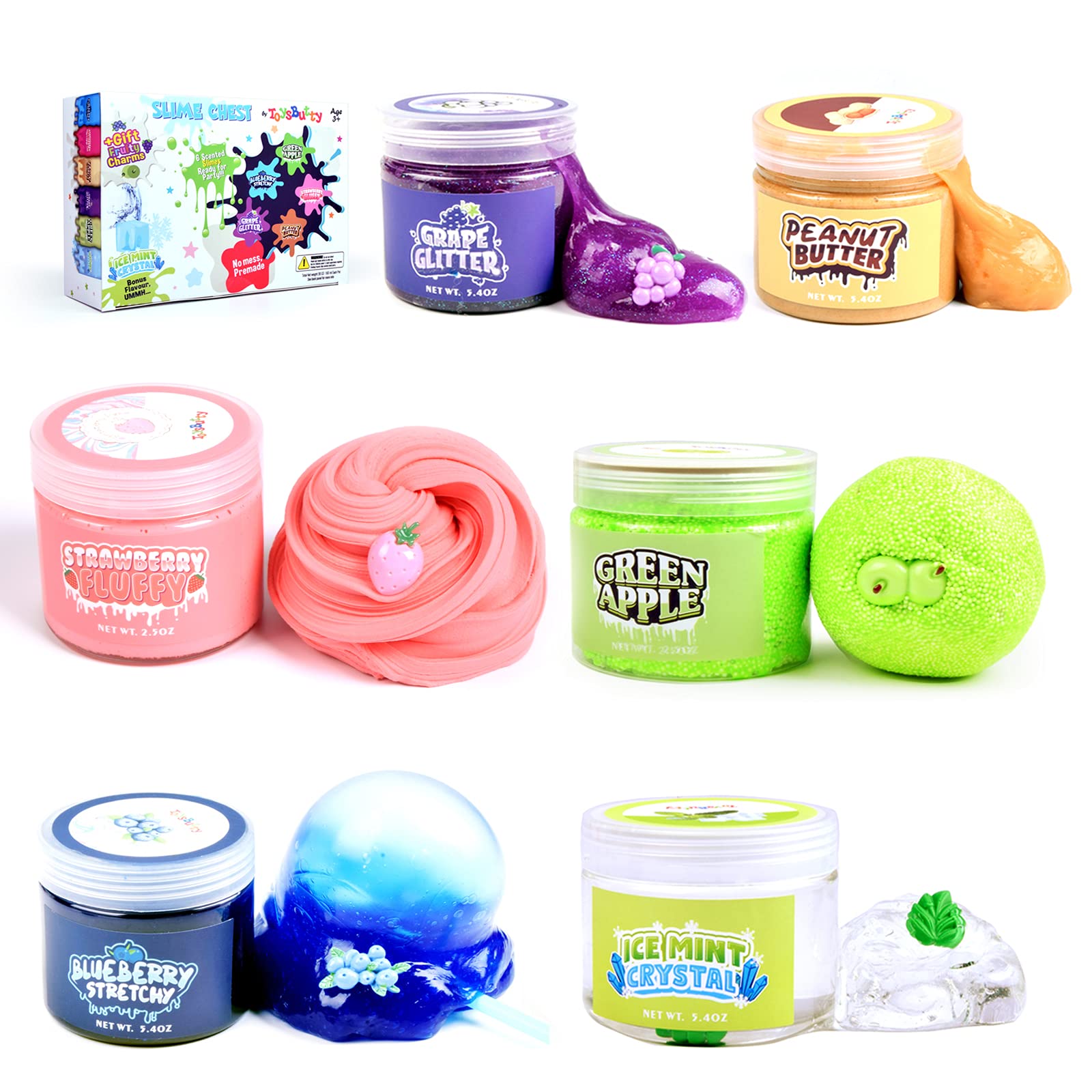 ToysButty 6 Slime Kit for Girls Boys, Clear Fluffy Stretchy Cloud Butter Slime Putty Kits, Different Scented Premade Slimes Making Kit in 28 oz Container with Fruit Charms, Kids Party Favors