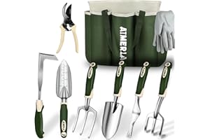 Aimerla Gardening Tools Set of 9 Heavy Duty Garden Tools with Non-Slip Rubber Grip with Large Garden Bag for Tools Durable Hand Tools for Gardening, Weeding,Gardening Gifts for Women,Men (Dark Green)