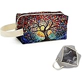 SuoSycorax Stained Glass Colorful Tree Printed Quilted Makeup Pouch for Women - Velvety Polyester Cosmetic Organizer w/Triple Compartments, Travel & Makeup Brush Holder