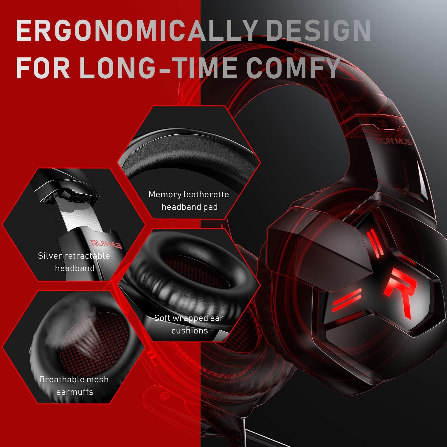 RUNMUS Gaming Headset Xbox One Headset PS4 Headset with 7.1 Surround Sound Noise Cancelling Mic & LED Light, Compatible with Xbox One (Adapter Not Included) PS4 PC Laptop: Computers & Accessories
