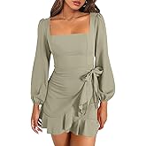 ANRABESS Womens Dress Long Sleeve Square Neck Tie Waist Ruffle Hem Short Cocktail Wedding Guest Fall Party Club Mini Dresses