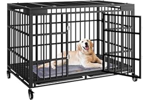 Snuowu 54 Inch Heavy Duty Dog Crate with Wheels，Indestructible Escape-Proof Dog Cage for Large Dogs, Extra Large XL XXL Indestructible Dog Crate with Removable Tray.