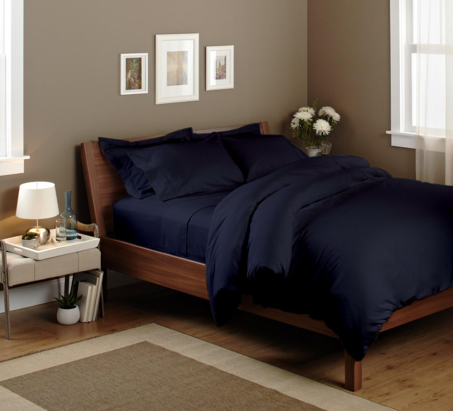 Opulence Bedding Genuine Premium Egyptian Cotton 600 Thread Count 7-Piece Sheet Set with Duvet Set Solid Twin XL Size Navy Blue Color