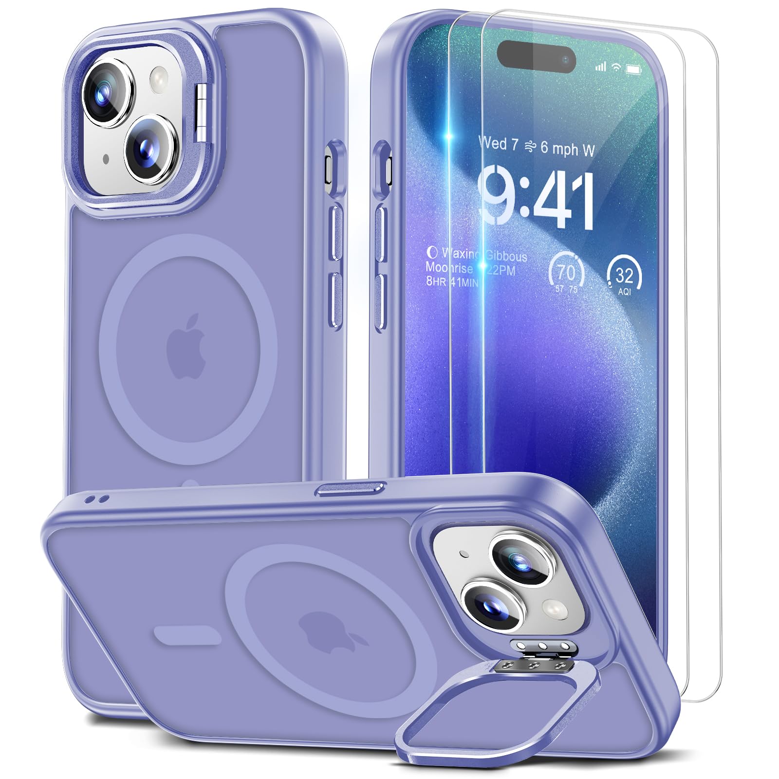 Beeasy for iPhone 15 Case MagSafe Phone Case with 2 Screen Protectors and Stand, Military Shockproof Protective Slim Cover, Case for iPhone 15 6.1 Inch, Translucent Purple
