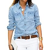 LookbookStore Women's Long Sleeve Collared Shirt Button Down Denim Blouse Tops