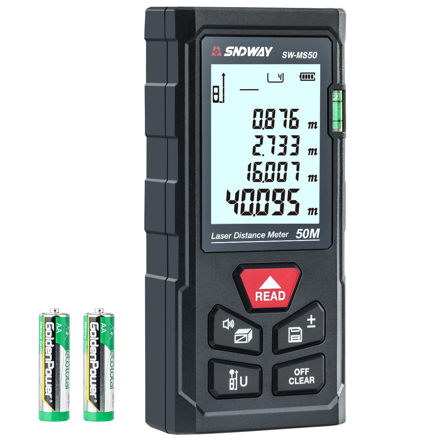 Laser Measure Device 165ft (50m), Digital Tape Measure with Bubble Level and Large LCD Display, Portable Digital Measure Tool Range Finder, Area/Volume/Pythagoras Measurement - 99 Max storage Record