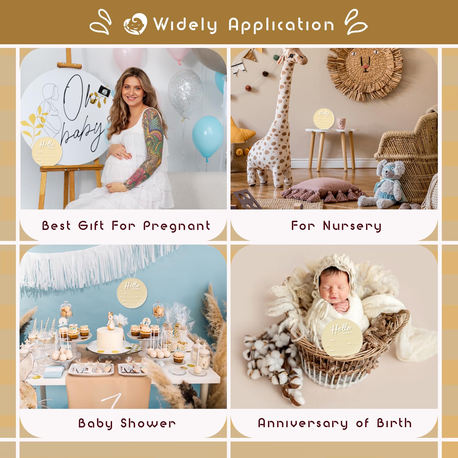 Baby Announcement Sign, 6.7 Inch Hello World Newborn Sign, Thickness Upgrade Birth Announcement Sign for Hospital, Nursery Baby Shower (Cream)