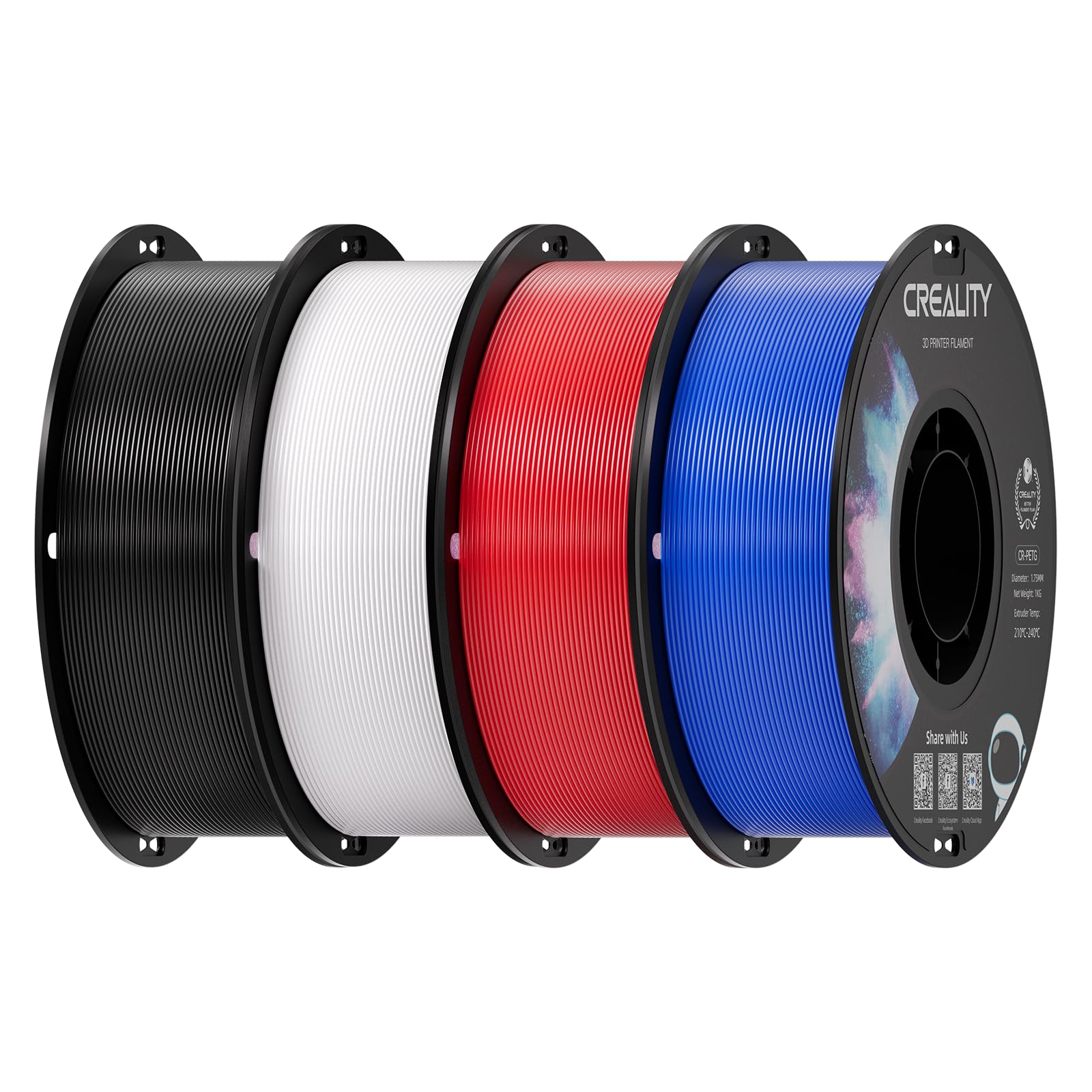 Photo 1 of Creality PETG Filament 1.75mm, 3D Printer Filament, Excellent Toughness High Precision, Odorless Non-Toxic Moistureproof, Accuracy +/- 0.02mm, 4 Pack-1kg (Black, White, Blue, Red)