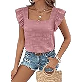 SHEWIN Women's Casual Summer Square Neck Tank Tops Sleeveless Ruffle Chiffon Blouses Top Shirts