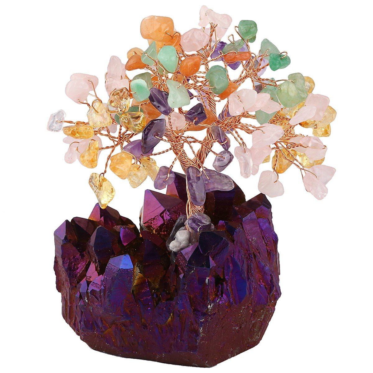 mookaitedecor Reiki Crystal Money Tree,Gemstone Feng Shui Ornaments Tree of Life Figurines,Titanium Coated Violet Gold Stone Cluster Base