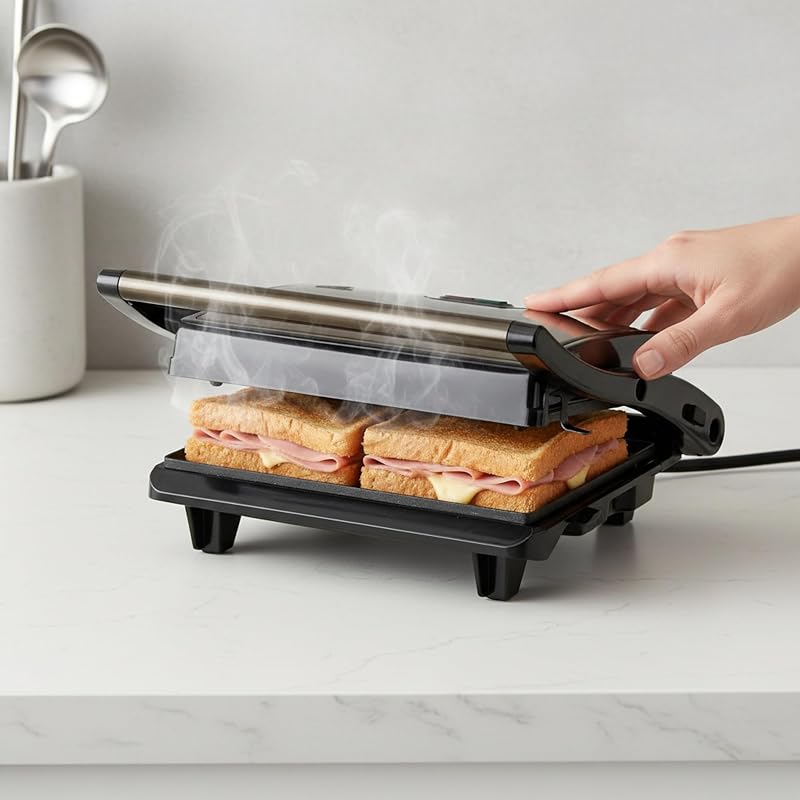 JEGR1106 Grelha Elétrica 750 W, Placas antiaderentes lisas de 22,5 x 14,6 cm, Cozinha todos os tipos de alimentos, tampa superior inclinável, abertura de 180°