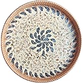 Terrekraft 14" Large Rattan Serving Tray with Mother of Pearl, Round Coffee Table Tray Decor, Boho Decorative Hand-Woven Wicker Home Decor (Lucky Flower)